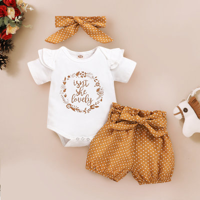 3-piece Letter Pattern Bodysuit & Polka Dot Shorts & Headwear for Baby Girl