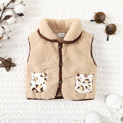 Baby Solid Color Leopard Pocket Decor Thick Vest