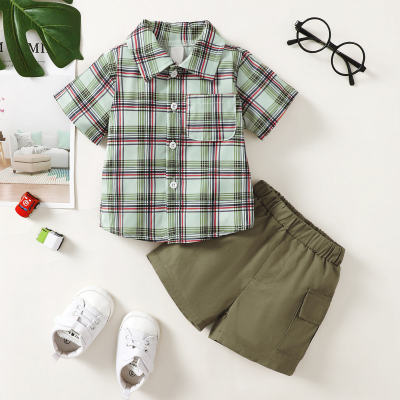 2-piece Baby Boy Color-block Plaid Short Sleeve Shirt & Solid Color Shorts
