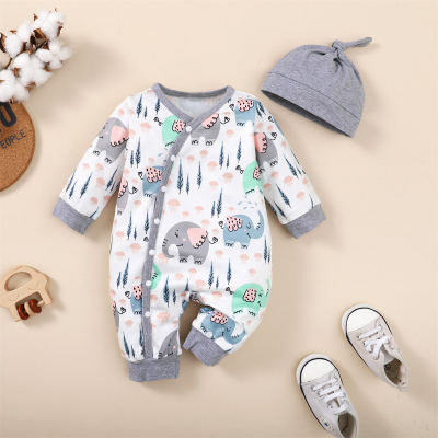 2-piece Baby Boy Elephant Printed Button Front V-neck Long-sleeved Long-leg Romper & Solid Color Knitted Hat
