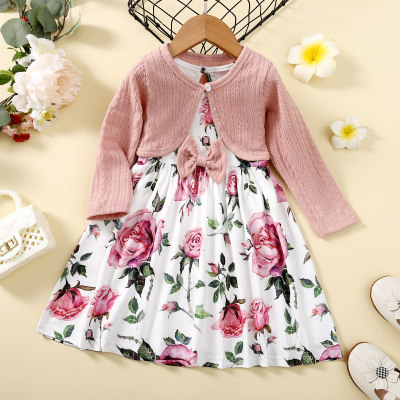 2-piece Toddler Girl Floral Bowknot Decor Sleeveless Unbrella Dress & Solid Color Textured Cardigan