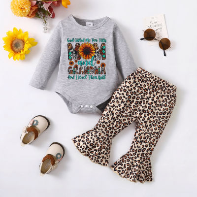 Conjunto de blusa de girassol com estampa de leopardo para bebês meninas