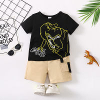 T-shirt a maniche corte stampata dinosauro da bambino in 2 pezzi e pantaloncini abbinati  Nero