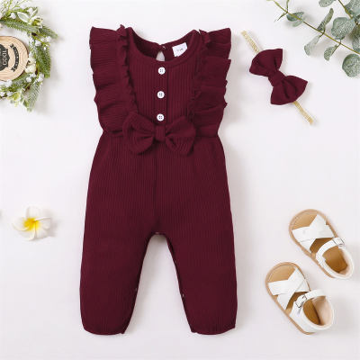 Baby Girl 2 Pieces Solid Color Sleeveless Long Leg Romper & Headband