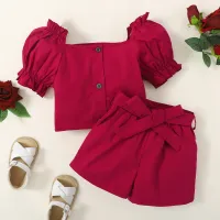 Toddler Girls Elegant Solid Color Ruffle Sleeve Top & Bowknot Decor Shorts  Red