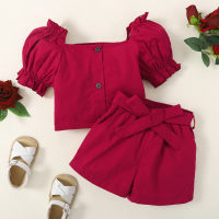 Top liso y pantalones cortos elegantes para niñas pequeñas  rojo