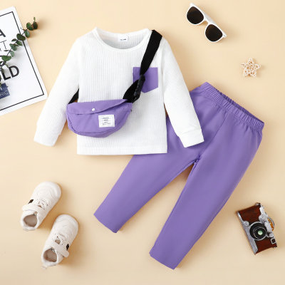 3-piece Toddler Boy Pocket Front Long Sleeve T-shirt & Solid Color Pants & Shoulder Bag