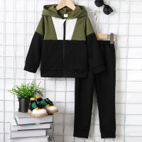2-piece Toddler Boy Color Block Patchwork Zipper Top & Solid Color Pants  Army Green