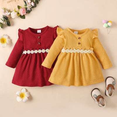 Baby Girl Solid Color Ribbed Floral Decor Button Front Long Fly Sleeve Dress