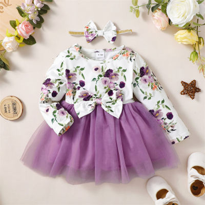Baby Floral Printed Bowknot Decor Lace Mesh Long Sleeve Dress With Headband