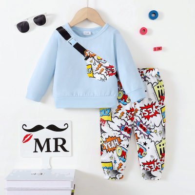 Baby Boy 2 Pieces Freehand Sketch Printed Long-sleeved T-shirt Suit