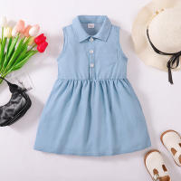 Toddler Girl Solid Color Shirt Collar Sleeveless Dress  Blue