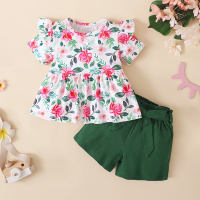 Small floral short flying sleeve suit  Green