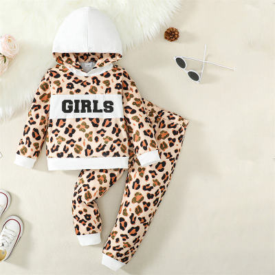 Conjunto de 2 piezas con capucha y pantalones a juego con estampado de letras y patchwork con estampado de leopardo para niño pequeño