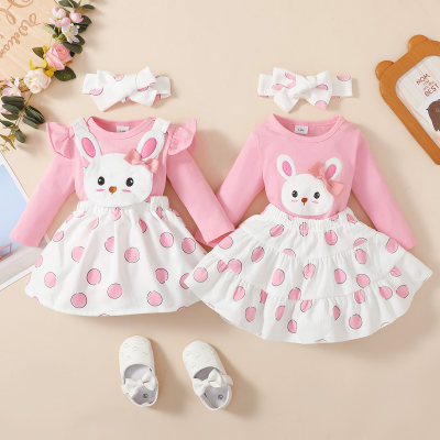 Brother and Sister Rabbit Appliqué Long Fly Sleeve Top & Polka Dotted Skirt & Suspender Dress & Headwrap