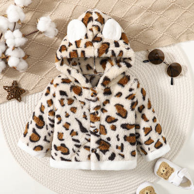Baby Leopard Pattern Fleeced Bear Ear Hooded Coat