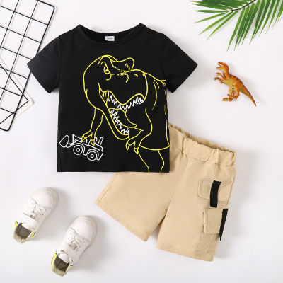 Camiseta de manga corta con estampado de dinosaurio para niño pequeño de 2 piezas y pantalones cortos a juego