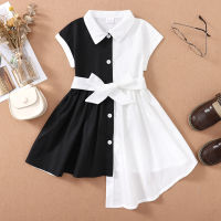 Toddler Color-block Bowknot Decor shirt collar Knee length Irregular skirt  White