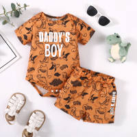 2-piece Baby Boy Allover Dinosaur Pattern Letter Printed Short Sleeve Romper & Matching Shorts  Brown