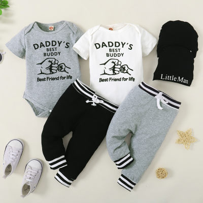 Baby Boy Letter Pattern Short Sleeve Bodysuit & Laced Pants With Hat