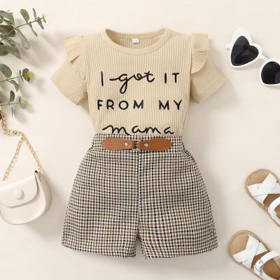 Toddler Girls Preppy Style Letter Printed Ribbed Top & Plaid Shorts