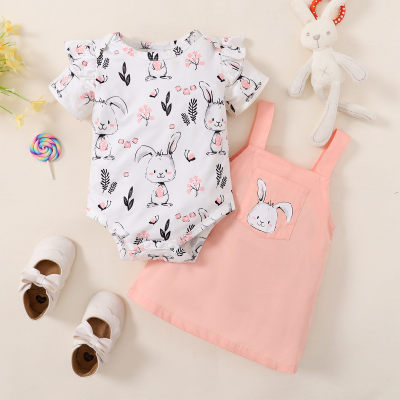 Baby Girl Rabbit Pattern Bodysuit & Solid Suspender Belt Dress Set