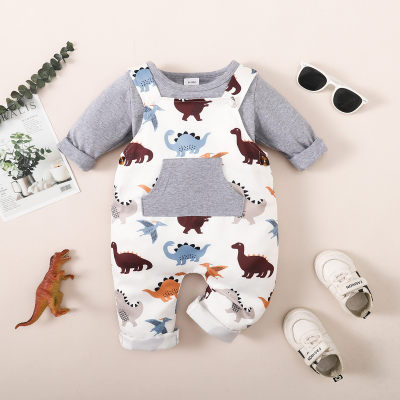Baby Boy 2 Pieces Solid Color T-shirt & Dinosaur Pattern Pocket Decor Suspender Pants