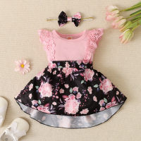 Baby Girl Color-Block Floral Pattern Ruffle-sleeve Bodysuit & Headband  Pink