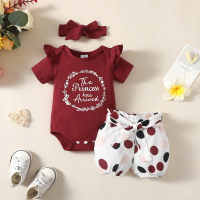 Baby Girl Letter Pattern Ruffle-sleeve Bodysuit & Polka dot Shorts & Headband  Burgundy