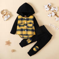 2-piece Baby Boy Plaid Patchwork Hooded Button-up Shirt & Matching Pants  Yellow