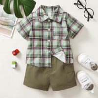 2-piece Baby Boy Color-block Plaid Short Sleeve Shirt & Solid Color Shorts  Green