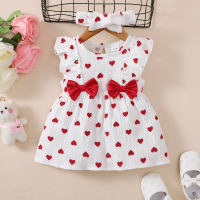 2-piece Baby Girl Pure Cotton Allover Heart Pattern Bowknot Decor Sleeveless Dress & Headwrap  White