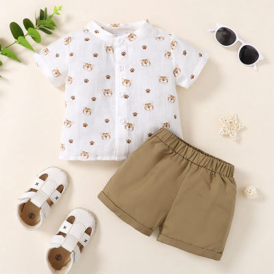 Camisa com gola alta e shorts de cor sólida para bebê menino animal tigre