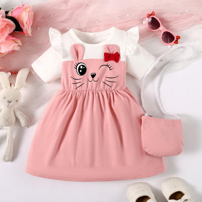 Baby Girl 2 Pieces Color-block Rabbit Face Ruffle-sleeve Dress & Bag