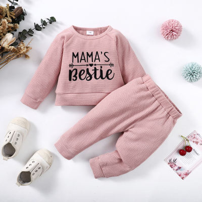 2-piece Baby Girl Waffle Letter Embroidered Long Sleeve Top & Solid Color Pants