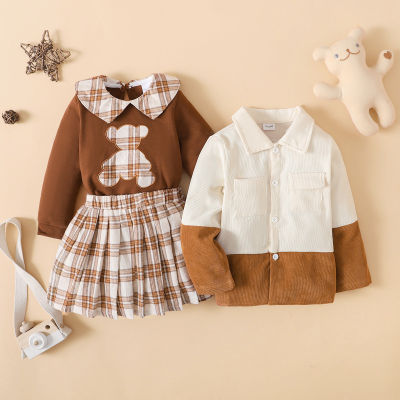 Brother and Sister Plaid Lapel Bear Pattern Patchwork Sweatshirt & Plaid Skirt & Color-block Patchwork Shirt