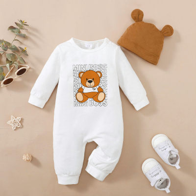 Baby Solid Color Letter Bear Printed Jumpsuit With Hat