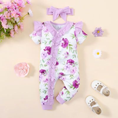 Baby floral jumpsuit + headscarf