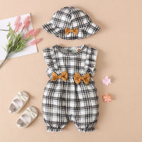 Baby Girl Plaid Pattern Ruffle Bow-knot Decor Romper & Sunhat  black and white plaid