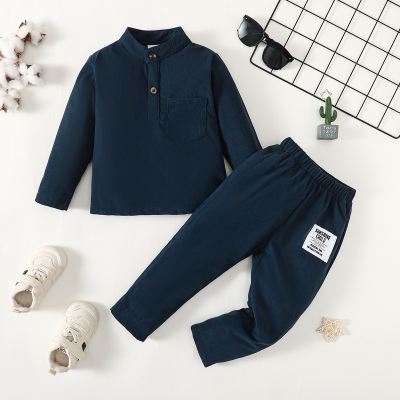 2-piece Toddler Boy Button Front Stand Up Collar Shirt & Matching Pants