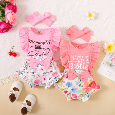 3-piece Baby Girl Ruffled Letter Printed Sleeveless Top & Allover Printing Bowknot Decor Shorts & Headwrap