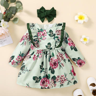 2-piece Baby Girl Floral Ruffled Long Lantern Sleeve Dress & Solid Color Bowknot Headwrap