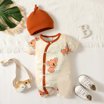 2-piece Baby Boy Koala Printed Short Sleeve Boxer Romper & Solid Color Infant Hat
