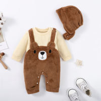 2-piece Baby Boy 2 in 1 Color-block Bear Style Plush Fleece-lined Long-sleeved Long-leg Romper & Solid Color Hat  Apricot