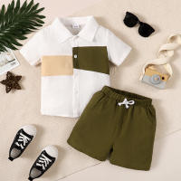 2-piece Toddler Boy Pure Cotton Color-block Patchwork Short Sleeve Shirt & Solid Color Shorts  White