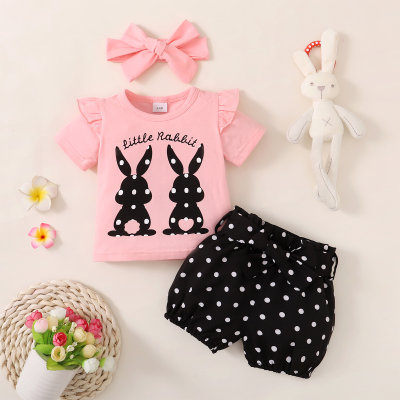 Camiseta con estampado de conejo lindo para niña y pantalones cortos y diadema de lunares