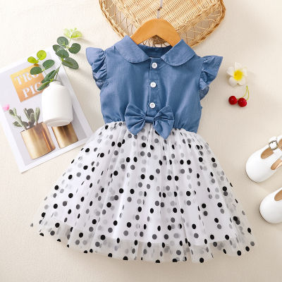 Toddler Girl Polka Dot Patchwork Ruffled Sleeve Mesh Dress