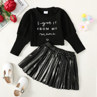 2-piece Toddler Girl Solid Color Letter Printed Gigot Sleeve Top & Leather Pleated Skirt  Black