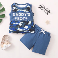 2-piece Toddler Boy Camouflage Patchwork Letter Printed Vest & Matching Shorts  Deep Blue