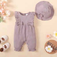 Pelele bóxer sin mangas con decoración de lazo de Color sólido de algodón puro para niña de 2 piezas y sombrero a juego  Púrpura